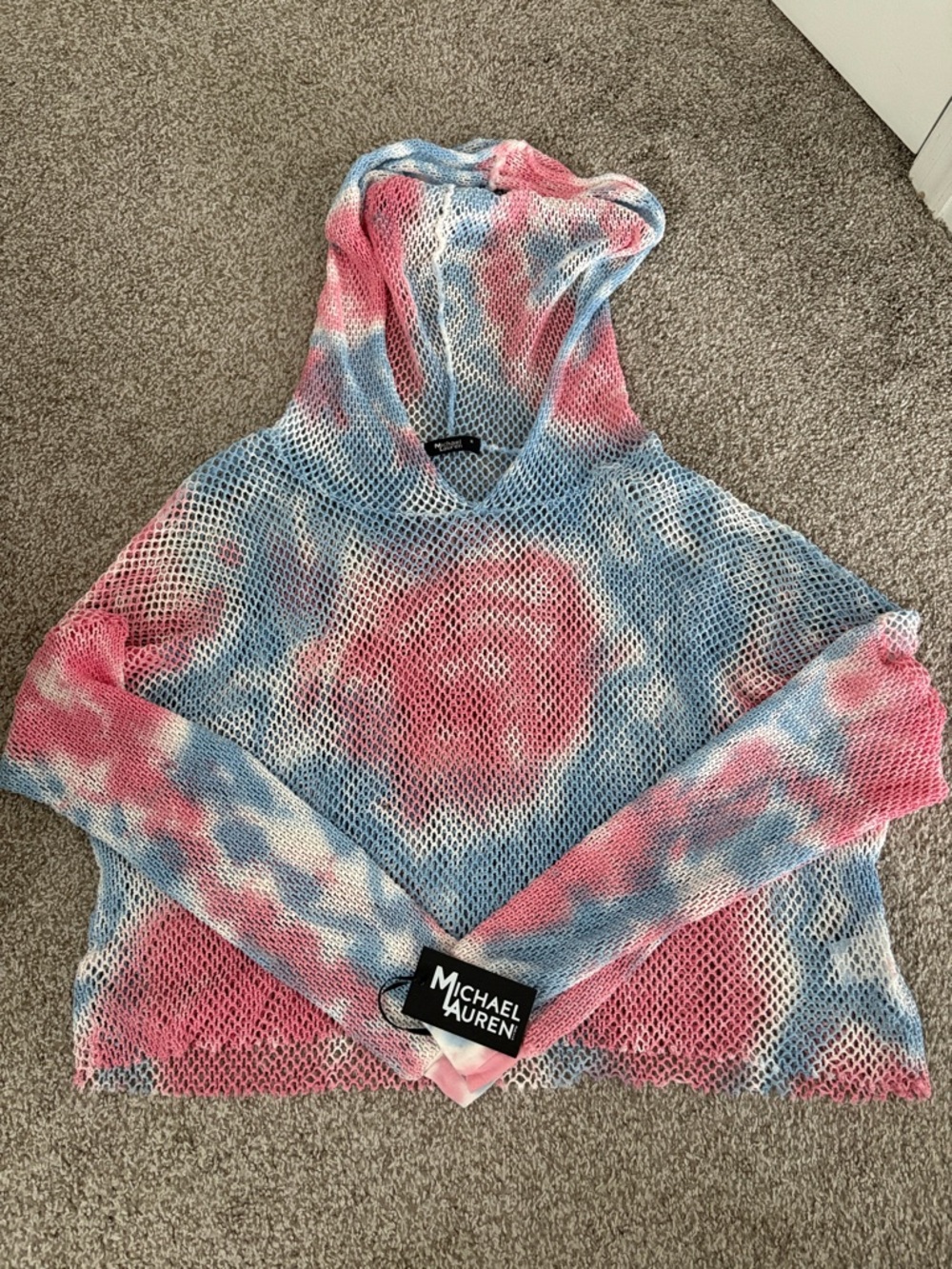 Michael Lauren Open-Knit Tie-Dye Hoodie in Pink and Blue